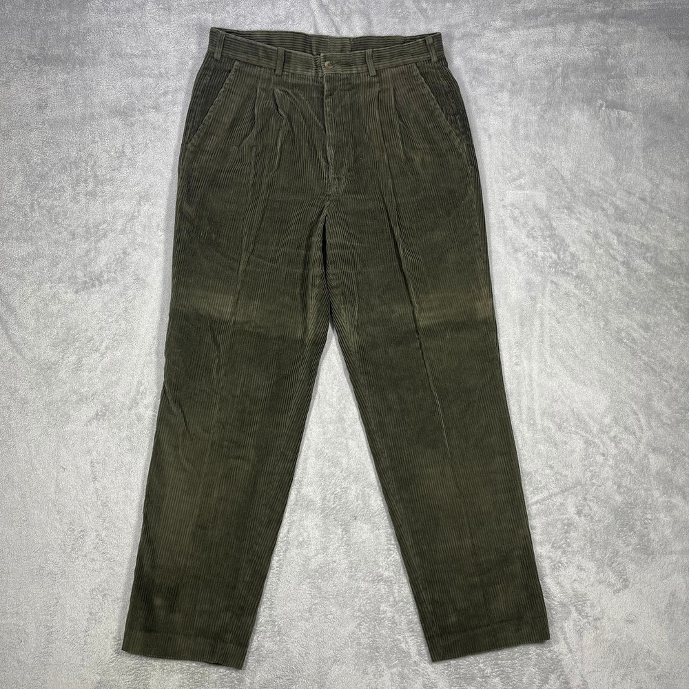 Vintage Thomson Corduroy Pants Mens 34x32 (33x31) Olive Green Pleated High Rise